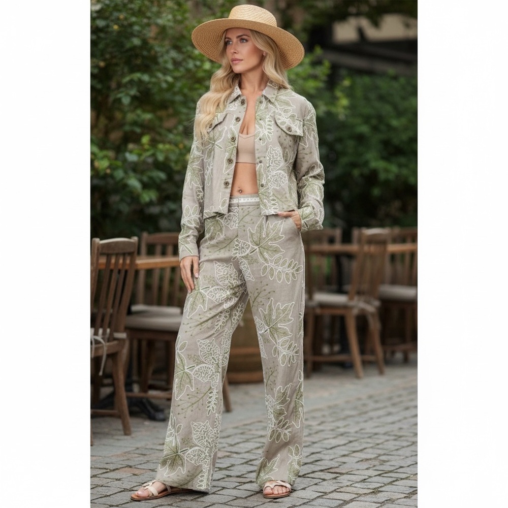 GALITA Olive linen embroidered with raised stitching jacket and pant set size L - Picture 2 of 9